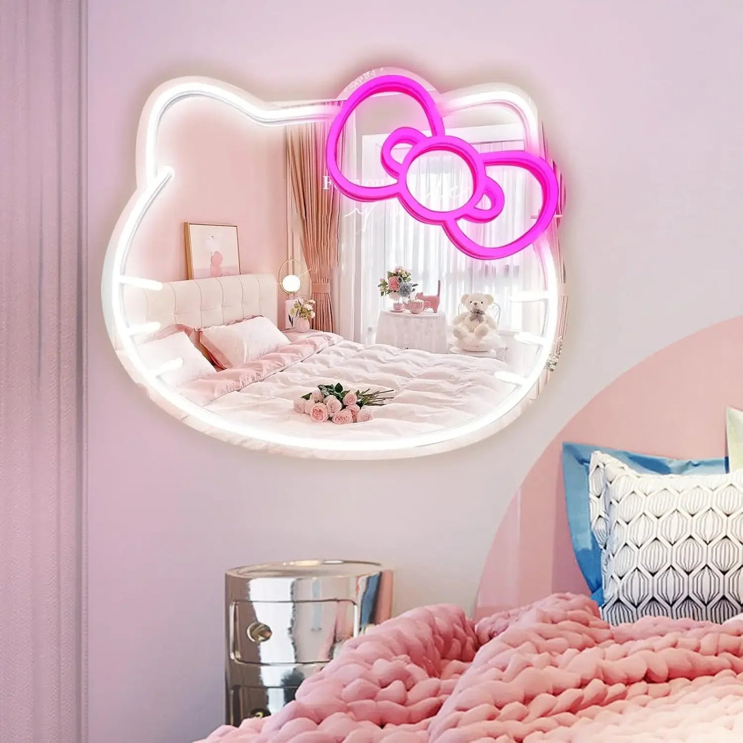Anime Hello Kitty Mirror Neon Signs USB Powered LED Dimmable Neon Light for Wall Decor Teen Girls Gift Makeup Mirror Room Decor