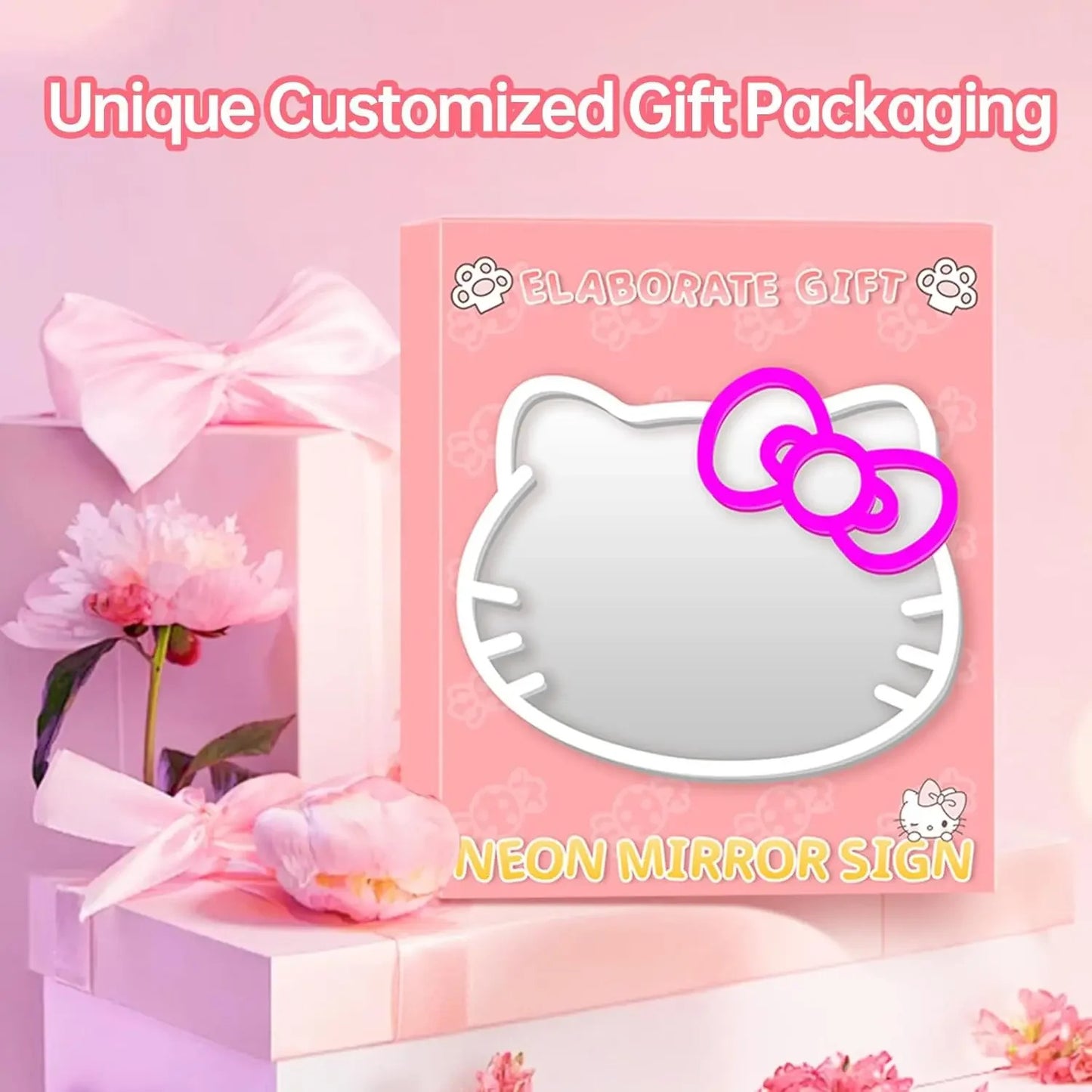 Anime Hello Kitty Mirror Neon Signs USB Powered LED Dimmable Neon Light for Wall Decor Teen Girls Gift Makeup Mirror Room Decor