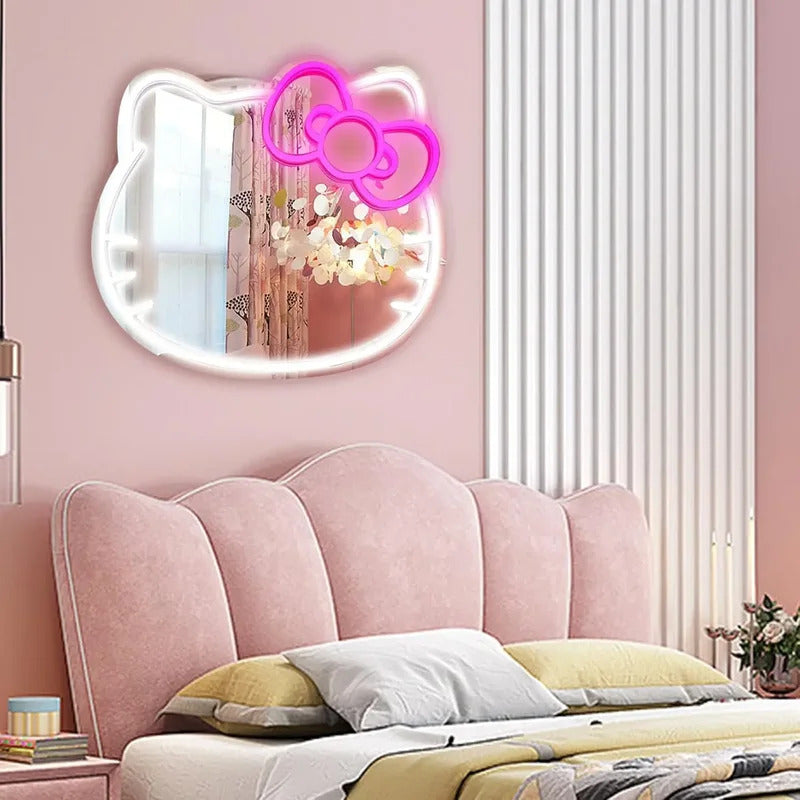 Anime Hello Kitty Mirror Neon Signs USB Powered LED Dimmable Neon Light for Wall Decor Teen Girls Gift Makeup Mirror Room Decor