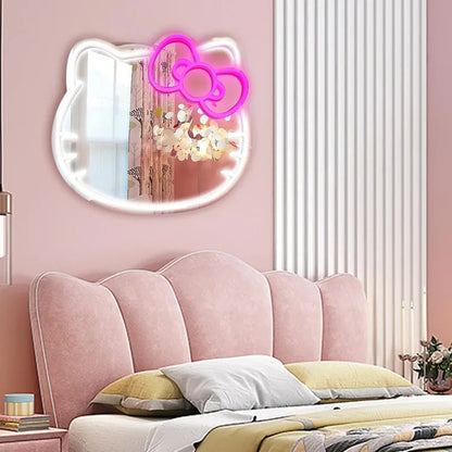 Anime Hello Kitty Mirror Neon Signs USB Powered LED Dimmable Neon Light for Wall Decor Teen Girls Gift Makeup Mirror Room Decor