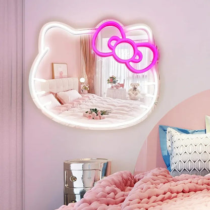 Anime Hello Kitty Mirror Neon Signs USB Powered LED Dimmable Neon Light for Wall Decor Teen Girls Gift Makeup Mirror Room Decor