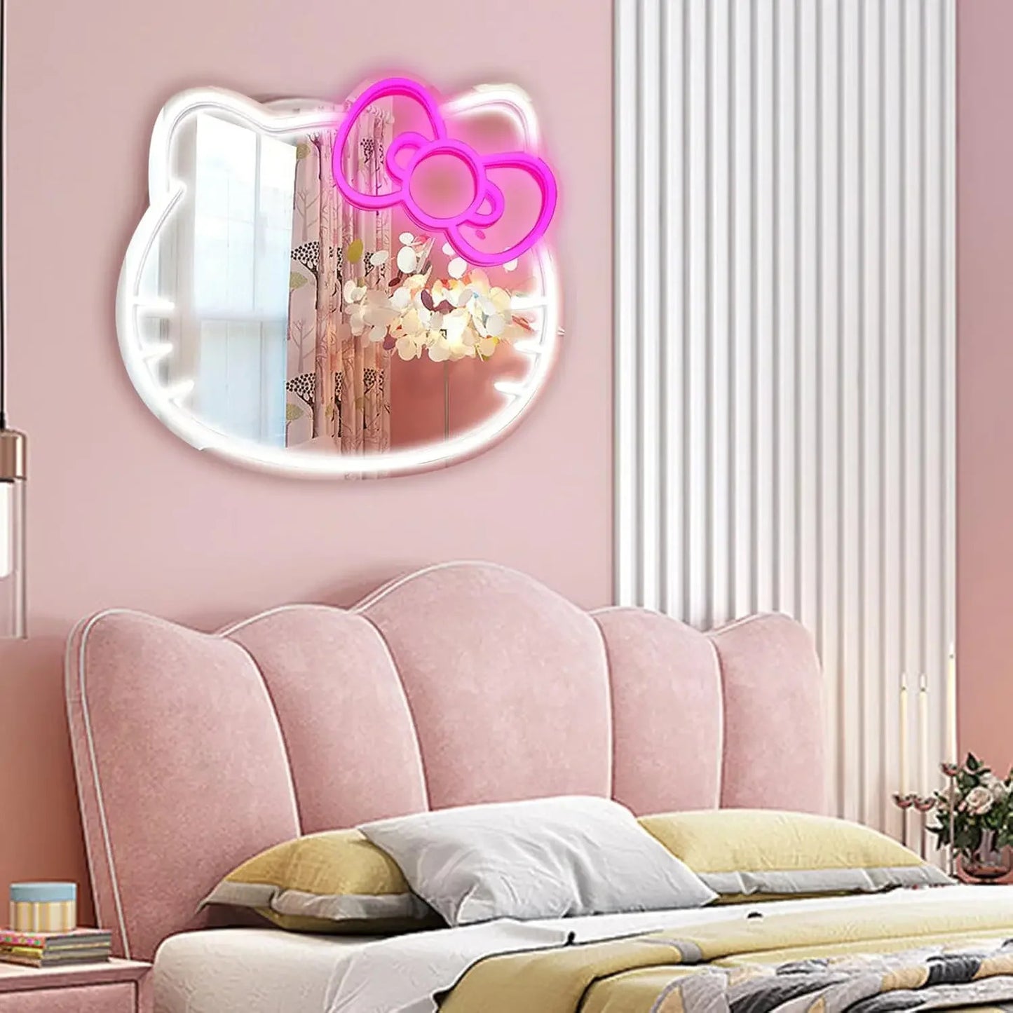 Anime Hello Kitty Mirror Neon Signs USB Powered LED Dimmable Neon Light for Wall Decor Teen Girls Gift Makeup Mirror Room Decor