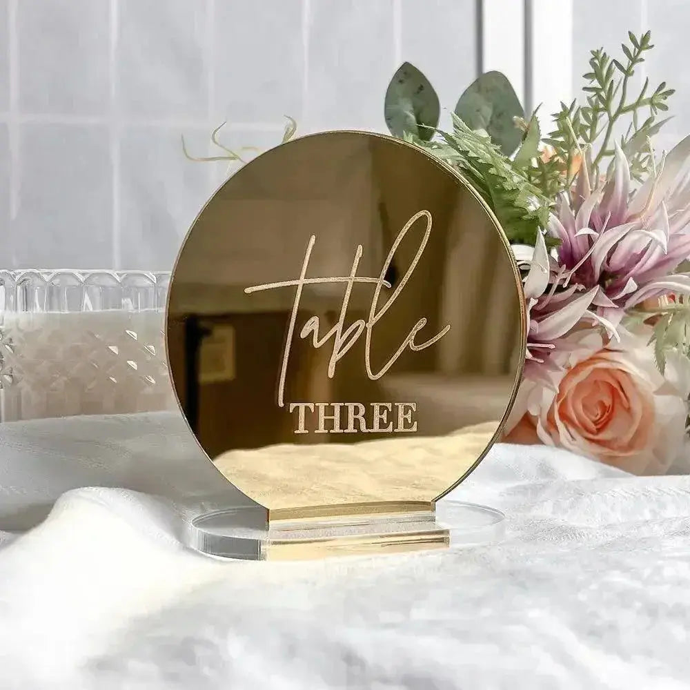 Round Mirror Table Numbers Personalized Acrylic Table Numbers Holder Gold Mirror Sign Engraved Round Acrylic Wedding Decor FYLZGO Signs