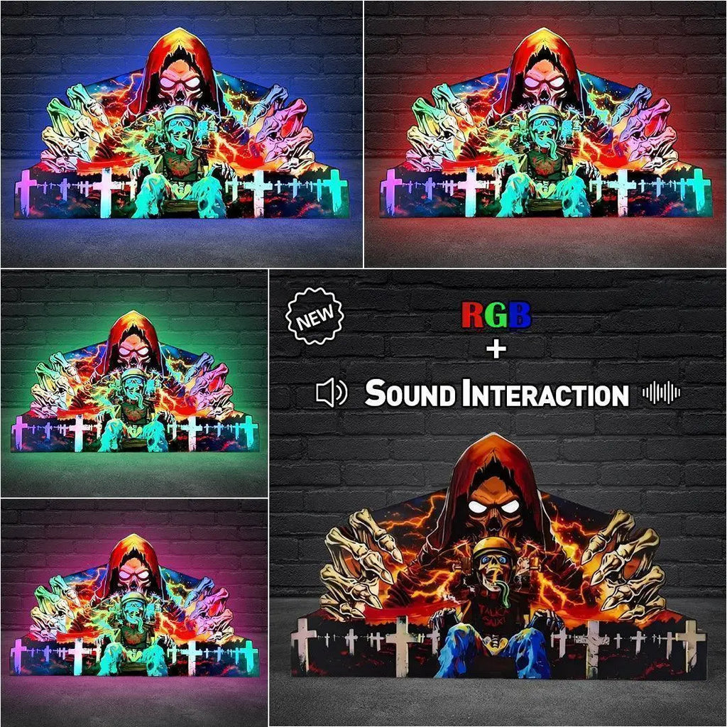 3D printed LED light box featuring Stern pinball character with a colorful, floral background and skull motifs, designed for pinball machine decor.