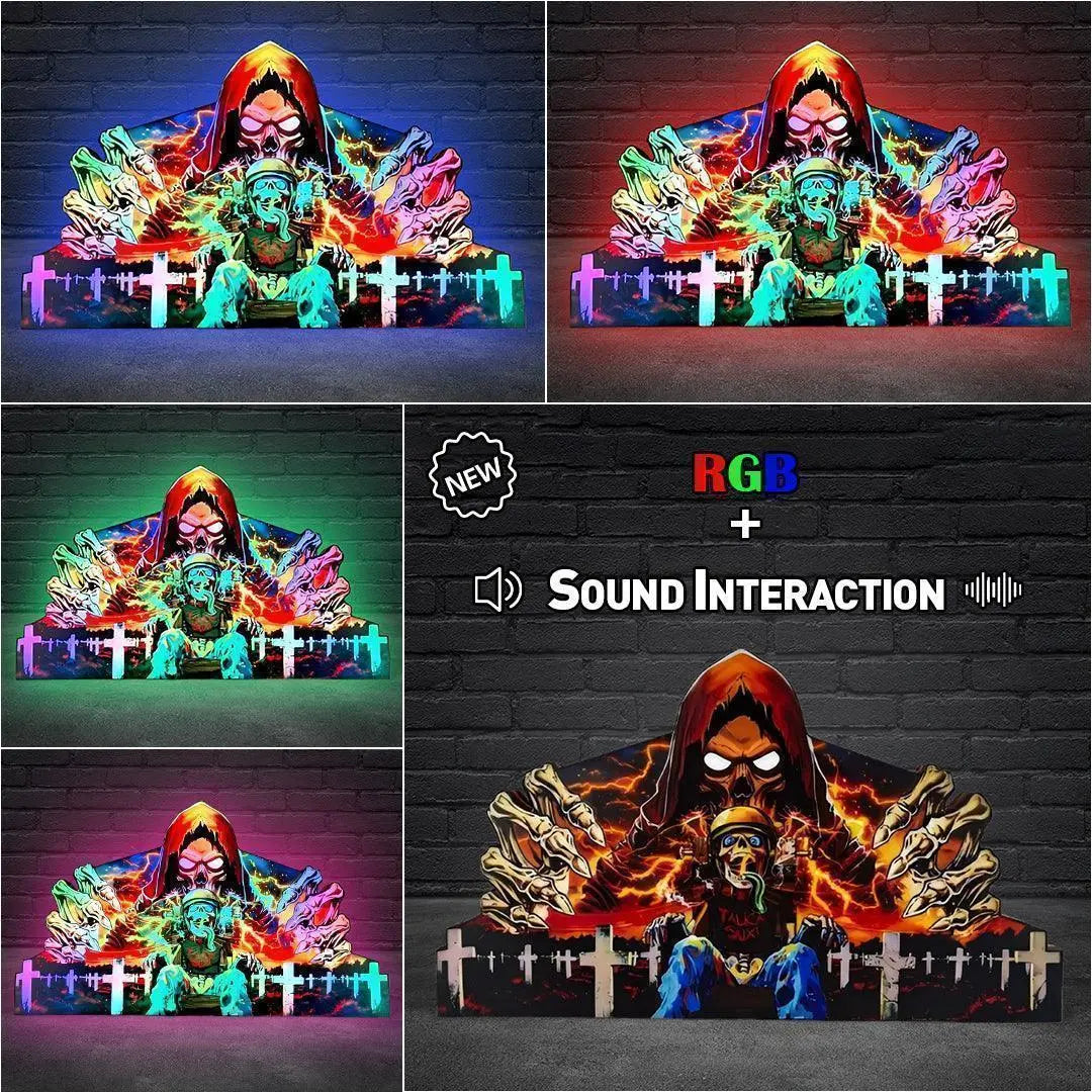 3D printed LED light box featuring Stern pinball character with a colorful, floral background and skull motifs, designed for pinball machine decor.