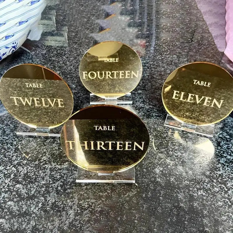Round Mirror Table Numbers Personalized Acrylic Table Numbers Holder Gold Mirror Sign Engraved Round Acrylic Wedding Decor FYLZGO Signs