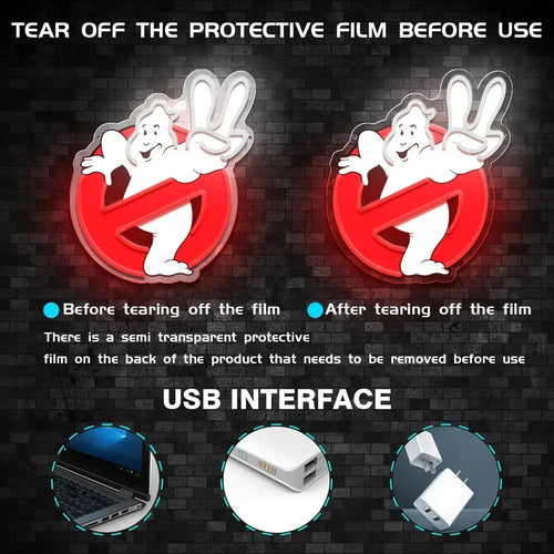 1Pc Ghostbusters Neon, USB powered plastic wall mount with push button control, multi-purpose Art Deco, suitable for home bars, men's caves, shops and restaurants FYLZGO Signs