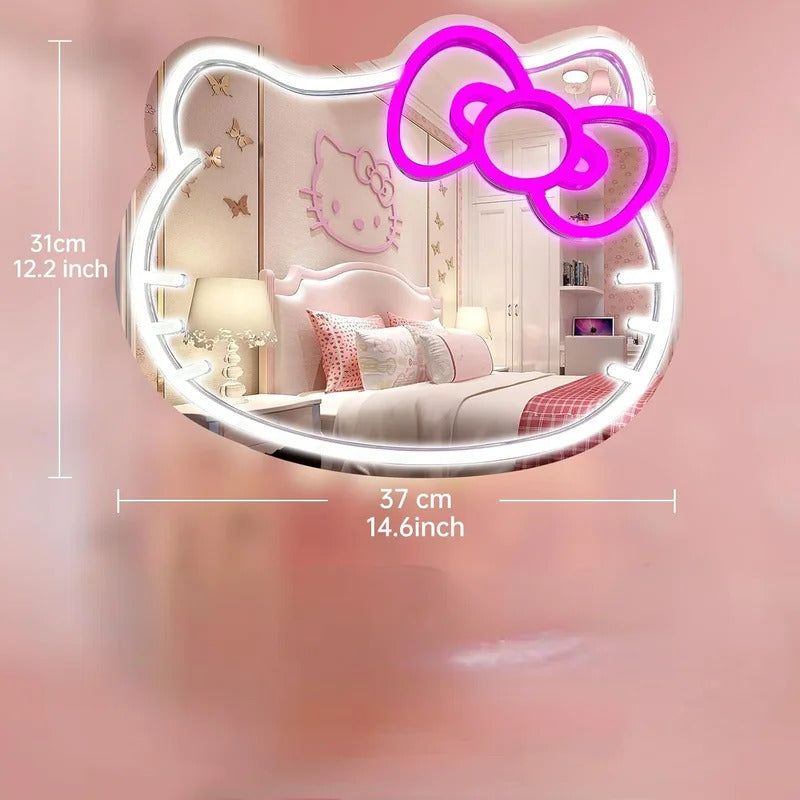Anime Hello Kitty Mirror Neon Signs USB Powered LED Dimmable Neon Light for Wall Decor Teen Girls Gift Makeup Mirror Room Decor