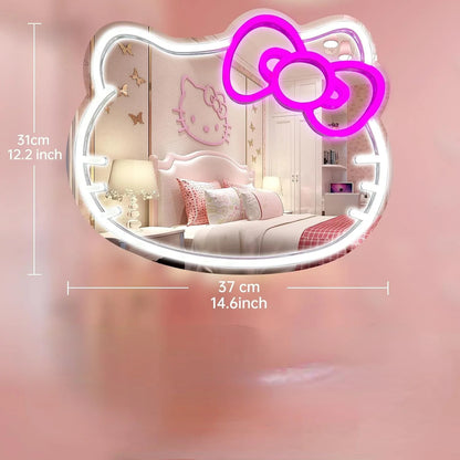 Anime Hello Kitty Mirror Neon Signs USB Powered LED Dimmable Neon Light for Wall Decor Teen Girls Gift Makeup Mirror Room Decor