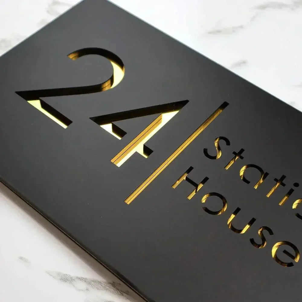 Laser Cut House Signs Matt Black & Gold Door Numbers Address Plaque Number FYLZGO Signs